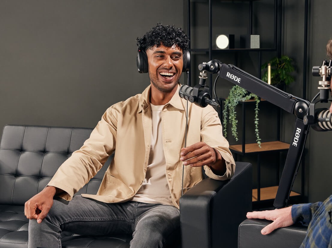 Podcast recording session with microphones and headphones